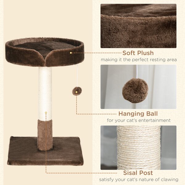 PawHut Compact Cat Tree, Sisal Scratching Post, Soft Bed, Play Toy, for Kittens, Brown, 45x45x70 cm Aosom UK