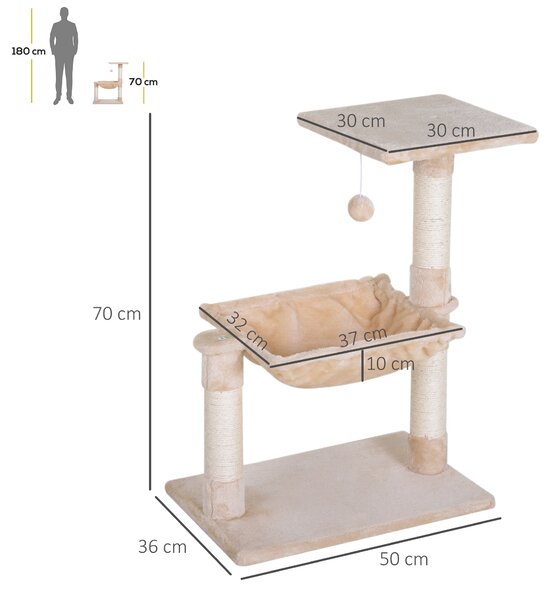 PawHut 70cm 2-Tier Cat Tree with Hammock Bed, Natural Sisal Scratching Post & Dangle Toy, Pet Scratch Stand Aosom UK