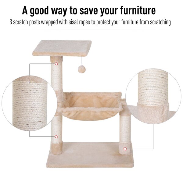PawHut 70cm 2-Tier Cat Tree with Hammock Bed, Natural Sisal Scratching Post & Dangle Toy, Pet Scratch Stand Aosom UK