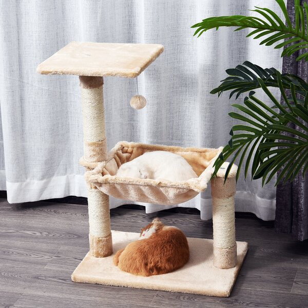 PawHut 70cm 2-Tier Cat Tree with Hammock Bed, Natural Sisal Scratching Post & Dangle Toy, Pet Scratch Stand Aosom UK