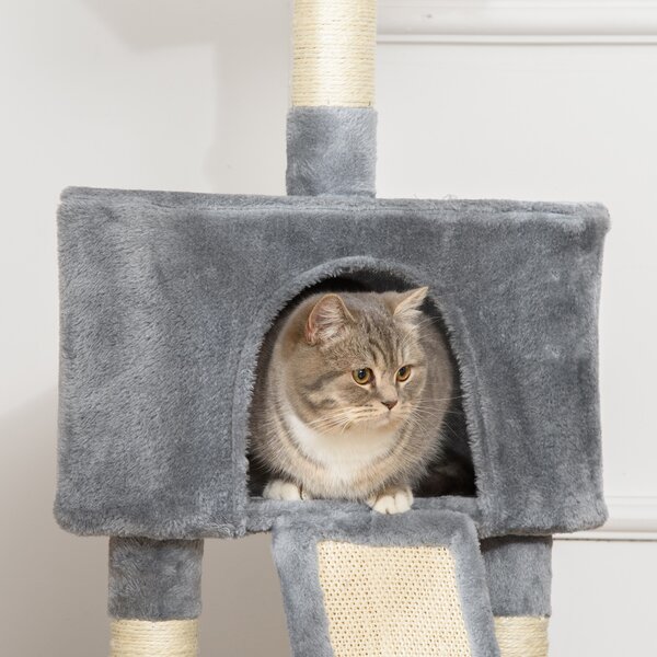 PawHut Cats 3-Tier Sisal Rope Scratching Post w/ Dangle Toy Grey Aosom UK