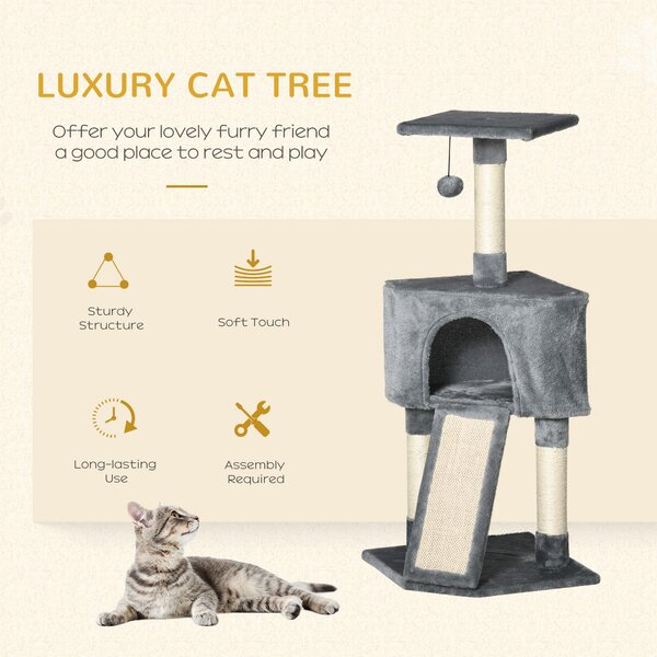 PawHut Cats 3-Tier Sisal Rope Scratching Post w/ Dangle Toy Grey Aosom UK