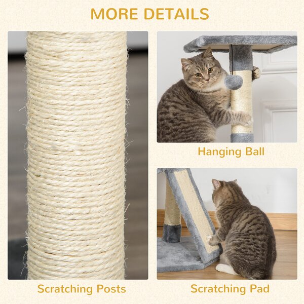PawHut Cats 3-Tier Sisal Rope Scratching Post w/ Dangle Toy Grey Aosom UK