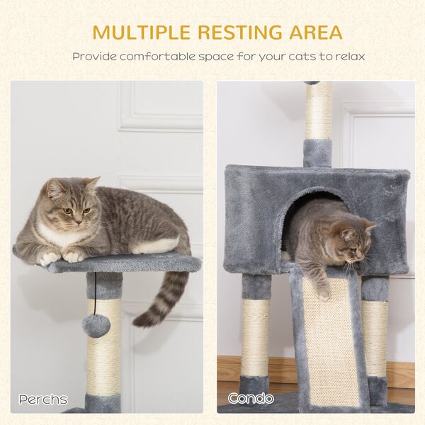 PawHut Cats 3-Tier Sisal Rope Scratching Post w/ Dangle Toy Grey Aosom UK