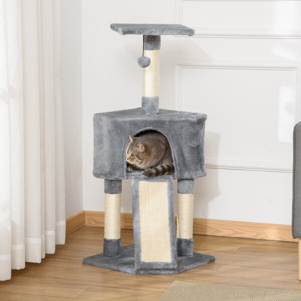 PawHut Cats 3-Tier Sisal Rope Scratching Post w/ Dangle Toy Grey Aosom UK
