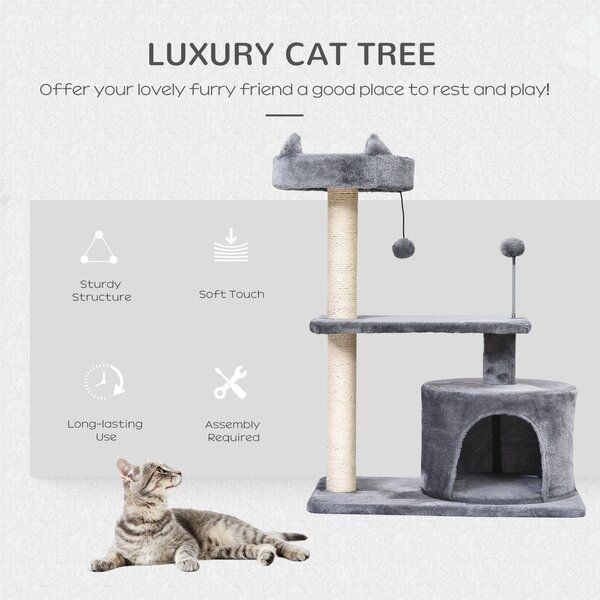 PawHut 3-Tier Cat Scratching Post with Sisal Rope & Play Toys, Durable Activity Centre for Cats, Grey Aosom UK