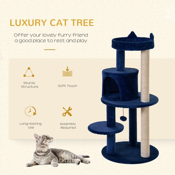 PawHut Feline Playground: 3-Tier Sisal Rope Scratching Post with Dangling Toy, Interactive & Durable, Blue Aosom UK