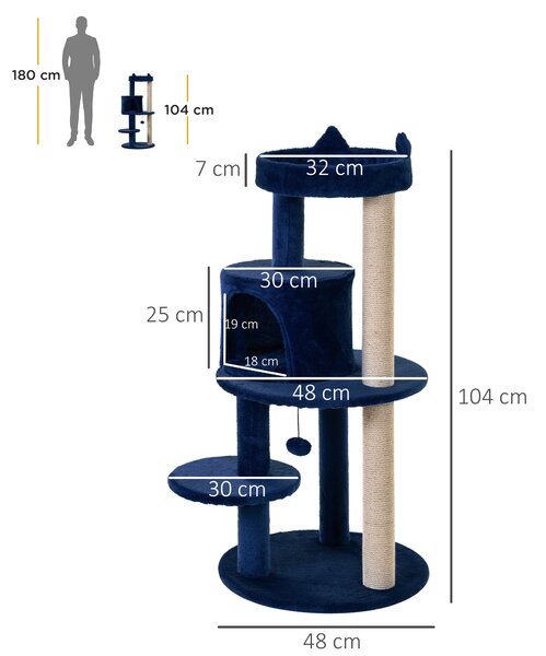 PawHut Feline Playground: 3-Tier Sisal Rope Scratching Post with Dangling Toy, Interactive & Durable, Blue Aosom UK