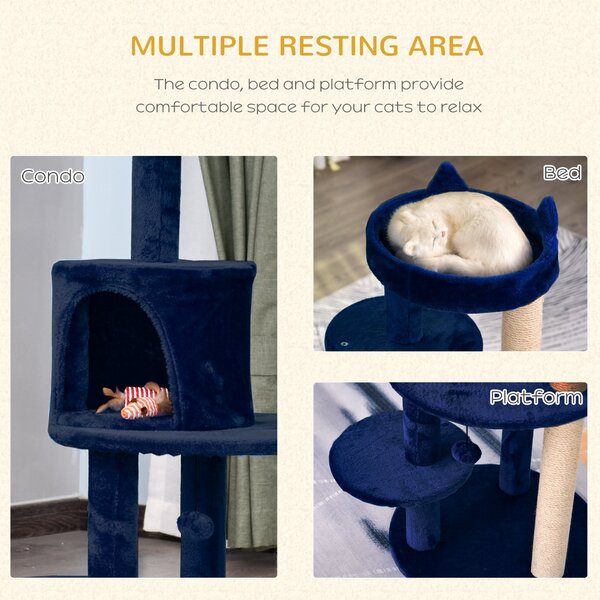 PawHut Feline Playground: 3-Tier Sisal Rope Scratching Post with Dangling Toy, Interactive & Durable, Blue Aosom UK