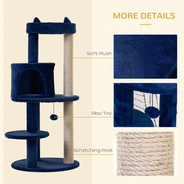 PawHut Feline Playground: 3-Tier Sisal Rope Scratching Post with Dangling Toy, Interactive & Durable, Blue Aosom UK