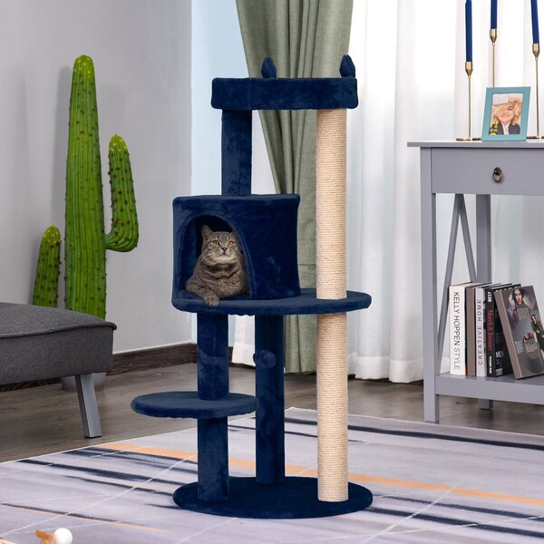 PawHut Feline Playground: 3-Tier Sisal Rope Scratching Post with Dangling Toy, Interactive & Durable, Blue Aosom UK