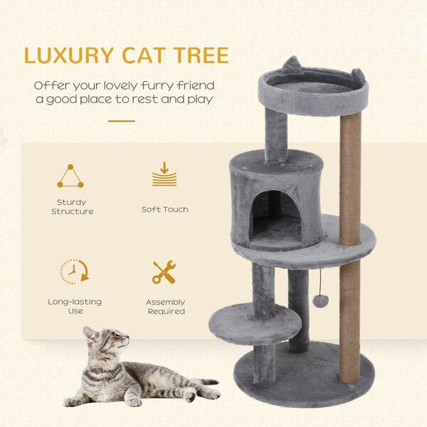 PawHut Deluxe Cat Tree with 3-Tier, Scratching Posts, Play Ball, and Plush Toy for Climbing and Relaxing, Grey Aosom UK