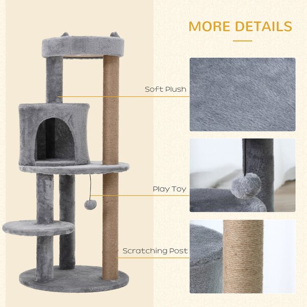 PawHut Deluxe Cat Tree with 3-Tier, Scratching Posts, Play Ball, and Plush Toy for Climbing and Relaxing, Grey Aosom UK