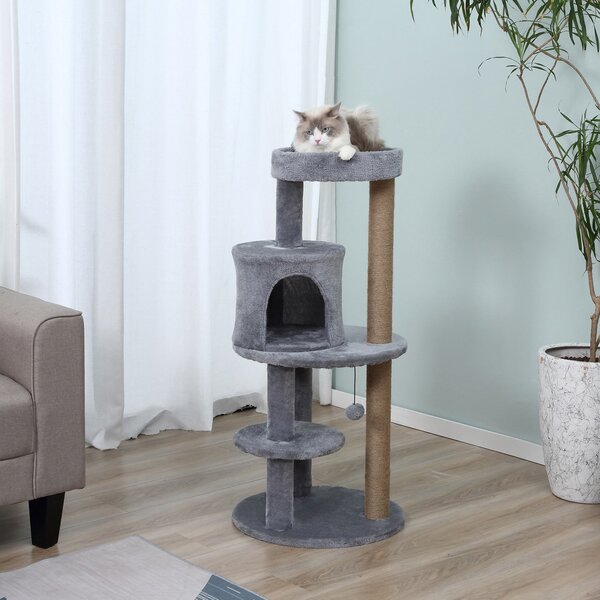 PawHut Deluxe Cat Tree with 3-Tier, Scratching Posts, Play Ball, and Plush Toy for Climbing and Relaxing, Grey Aosom UK