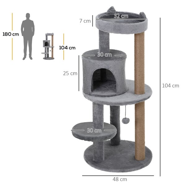 PawHut Deluxe Cat Tree with 3-Tier, Scratching Posts, Play Ball, and Plush Toy for Climbing and Relaxing, Grey Aosom UK