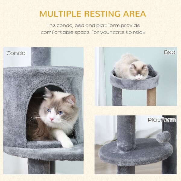 PawHut Deluxe Cat Tree with 3-Tier, Scratching Posts, Play Ball, and Plush Toy for Climbing and Relaxing, Grey Aosom UK