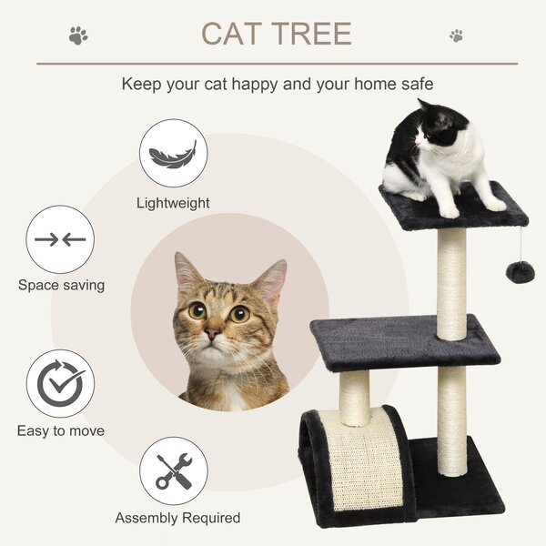 PawHut Cat Tree Tower, 72cm Climbing Activity Centre for Kittens, with Sisal Scratching Post, Pad Arc Perch, and Hanging Ball Toy, Grey Aosom UK