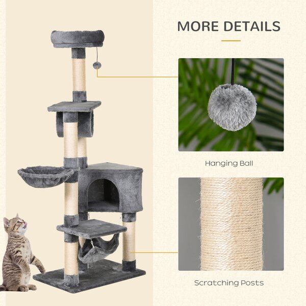 PawHut Cat Tree Condo Tower, Multi-level Activity Stand for Kittens, 150CM Height with Toys & Scratching Posts Aosom UK