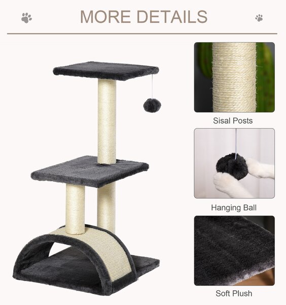 PawHut Cat Tree Tower, 72cm Climbing Activity Centre for Kittens, with Sisal Scratching Post, Pad Arc Perch, and Hanging Ball Toy, Grey Aosom UK