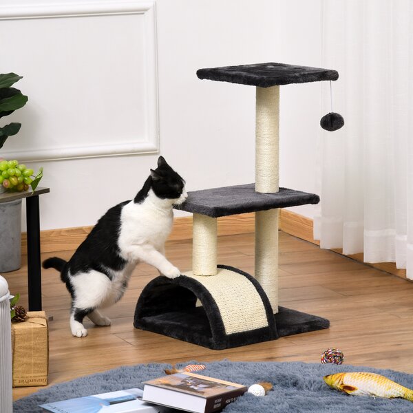 PawHut Cat Tree Tower, 72cm Climbing Activity Centre for Kittens, with Sisal Scratching Post, Pad Arc Perch, and Hanging Ball Toy, Grey Aosom UK
