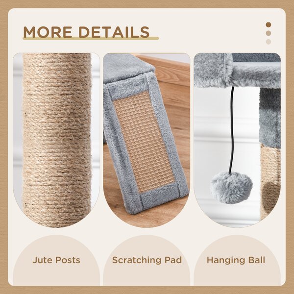 PawHut Cat Tree Tower 142cm Climbing Kitten Activity Center with Scratching Post Board Perch Roomy Condo Removable Felt Hanging Toy, Grey Aosom UK