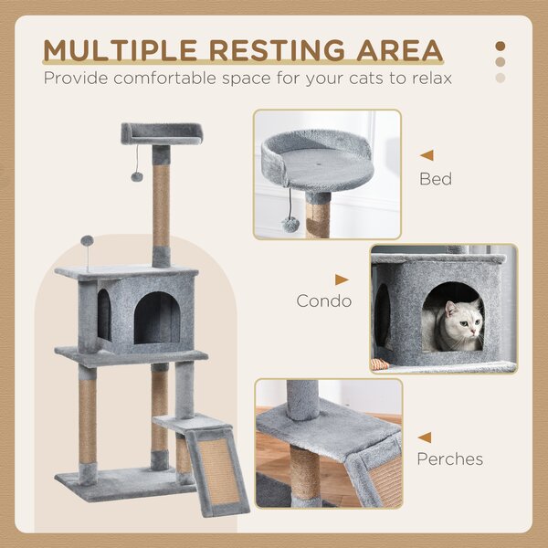 PawHut Cat Tree Tower 142cm Climbing Kitten Activity Center with Scratching Post Board Perch Roomy Condo Removable Felt Hanging Toy, Grey Aosom UK
