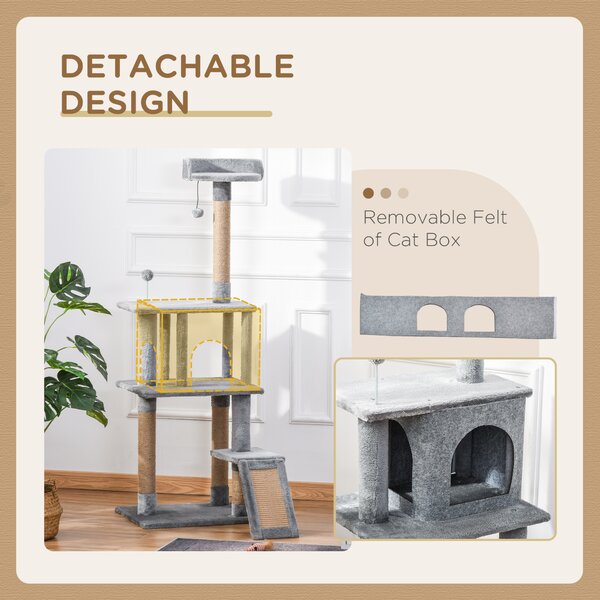 PawHut Cat Tree Tower 142cm Climbing Kitten Activity Center with Scratching Post Board Perch Roomy Condo Removable Felt Hanging Toy, Grey Aosom UK