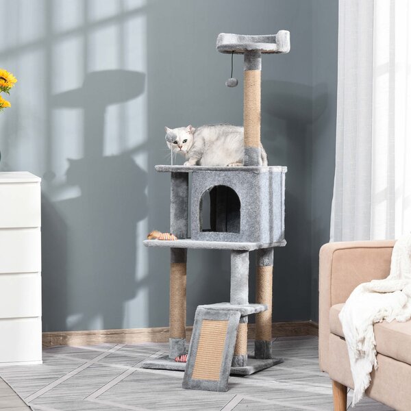 PawHut Cat Tree Tower 142cm Climbing Kitten Activity Center with Scratching Post Board Perch Roomy Condo Removable Felt Hanging Toy, Grey Aosom UK