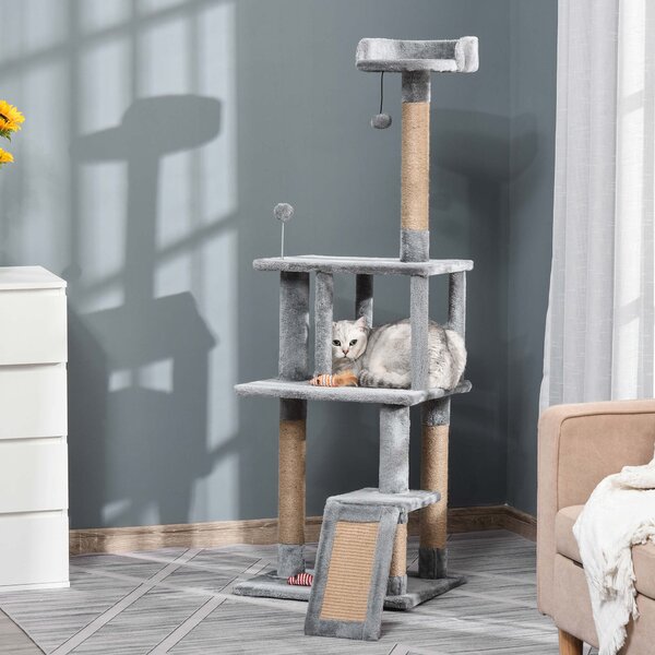 PawHut Cat Tree Tower 142cm Climbing Kitten Activity Center with Scratching Post Board Perch Roomy Condo Removable Felt Hanging Toy, Grey Aosom UK