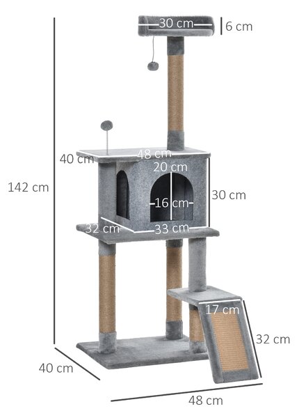 PawHut Cat Tree Tower 142cm Climbing Kitten Activity Center with Scratching Post Board Perch Roomy Condo Removable Felt Hanging Toy, Grey Aosom UK