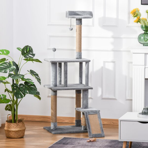 PawHut Cat Tree Tower 142cm Climbing Kitten Activity Center with Scratching Post Board Perch Roomy Condo Removable Felt Hanging Toy, Grey Aosom UK