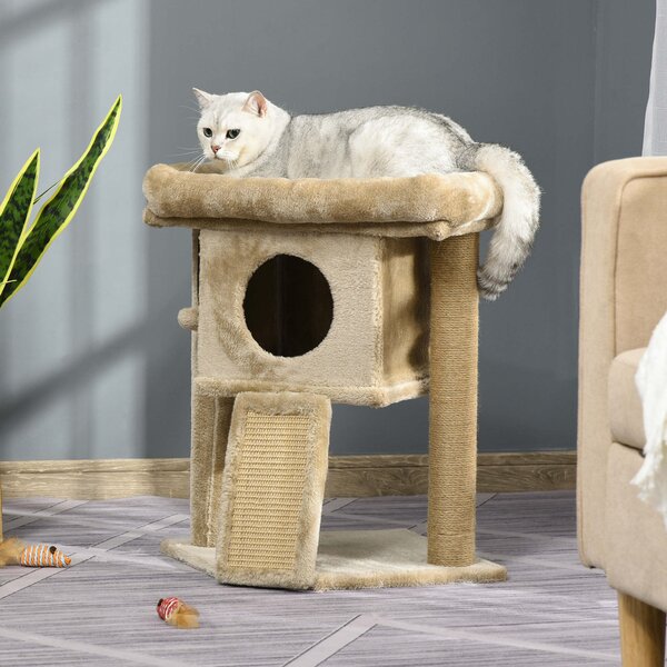 PawHut Cat Tree Tower, Kitten Climbing Activity Centre with Jute Scratching Pad, Ball Toy, Condo Perch Bed, 40 x 40 x 57 cm, Coffee Aosom UK