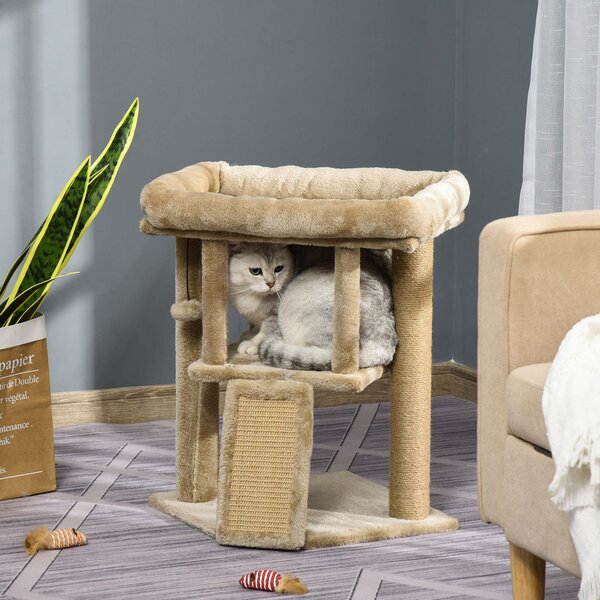 PawHut Cat Tree Tower, Kitten Climbing Activity Centre with Jute Scratching Pad, Ball Toy, Condo Perch Bed, 40 x 40 x 57 cm, Coffee Aosom UK