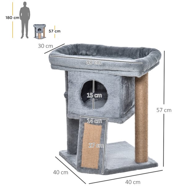 PawHut Cat Tree Tower for Indoor Cats Climbing Activity Center Kitten Furniture with Jute Scratching Pad Ball Toy Condo Perch Bed 40 x 40 x 57cm Grey
