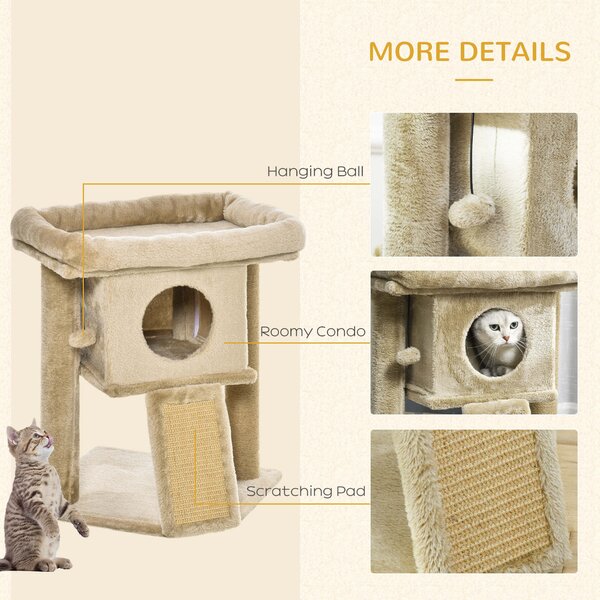 PawHut Cat Tree Tower, Kitten Climbing Activity Centre with Jute Scratching Pad, Ball Toy, Condo Perch Bed, 40 x 40 x 57 cm, Coffee Aosom UK