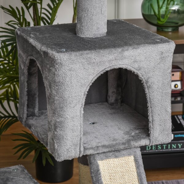 PawHut Cat tree Tower 111cm Climbing Kitten Activity Centre with Sisal Scratching Post Pad Perch Hanging Ball Hammock Condo Toy Grey Aosom UK