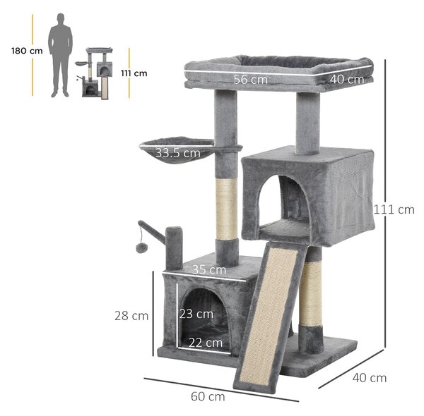PawHut Cat tree Tower 111cm Climbing Kitten Activity Centre with Sisal Scratching Post Pad Perch Hanging Ball Hammock Condo Toy Grey Aosom UK