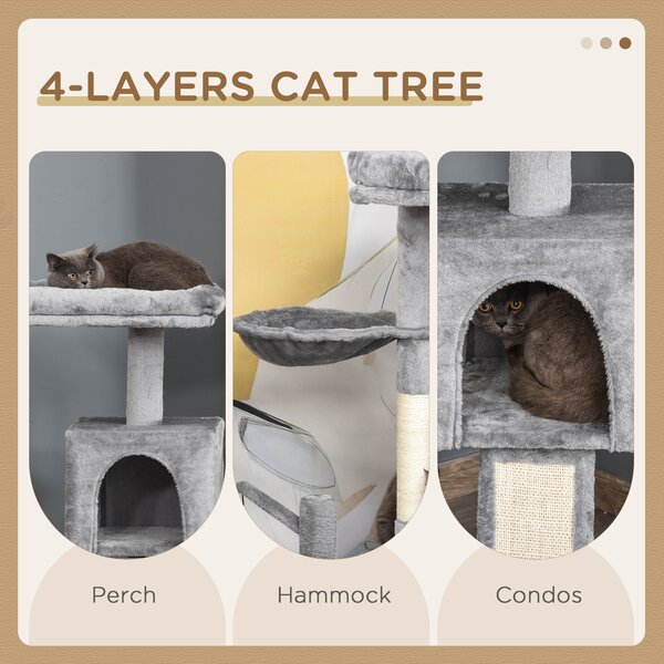 PawHut Cat tree Tower 111cm Climbing Kitten Activity Centre with Sisal Scratching Post Pad Perch Hanging Ball Hammock Condo Toy Grey Aosom UK