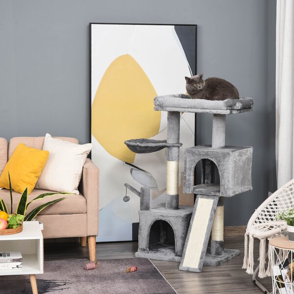 PawHut Cat tree Tower 111cm Climbing Kitten Activity Centre with Sisal Scratching Post Pad Perch Hanging Ball Hammock Condo Toy Grey Aosom UK