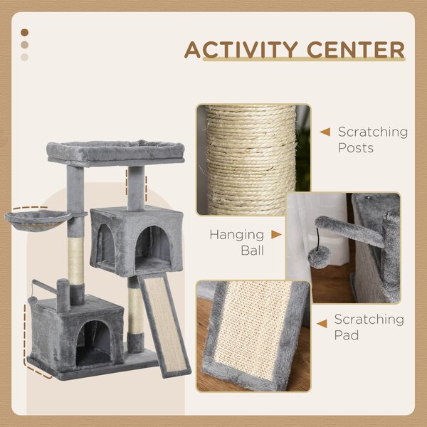 PawHut Cat tree Tower 111cm Climbing Kitten Activity Centre with Sisal Scratching Post Pad Perch Hanging Ball Hammock Condo Toy Grey Aosom UK