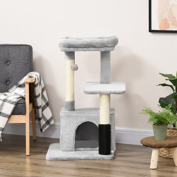 PawHut Cat Tree Tower with Sisal Scratching Posts, Kitten Climbing Activity Centre, Massage Toy Included, 48 x 48 x 80cm, Light Grey Aosom UK