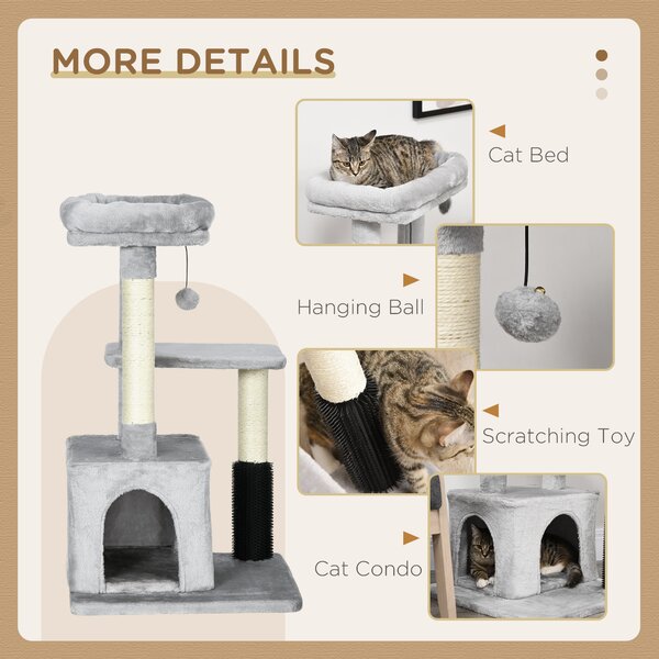 PawHut Cat Tree Tower with Sisal Scratching Posts, Kitten Climbing Activity Centre, Massage Toy Included, 48 x 48 x 80cm, Light Grey Aosom UK