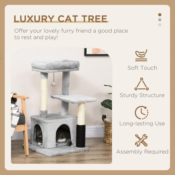 PawHut Cat Tree Tower with Sisal Scratching Posts, Kitten Climbing Activity Centre, Massage Toy Included, 48 x 48 x 80cm, Light Grey Aosom UK