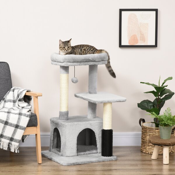 PawHut Cat Tree Tower with Sisal Scratching Posts, Kitten Climbing Activity Centre, Massage Toy Included, 48 x 48 x 80cm, Light Grey Aosom UK