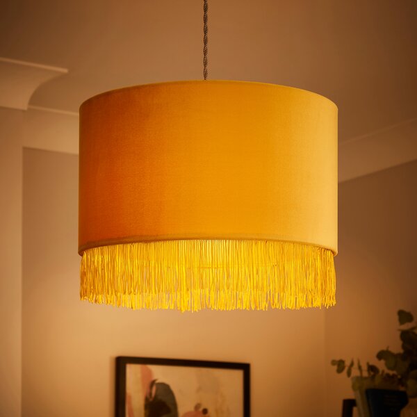 Fringed Velvet Drum Lamp Shade