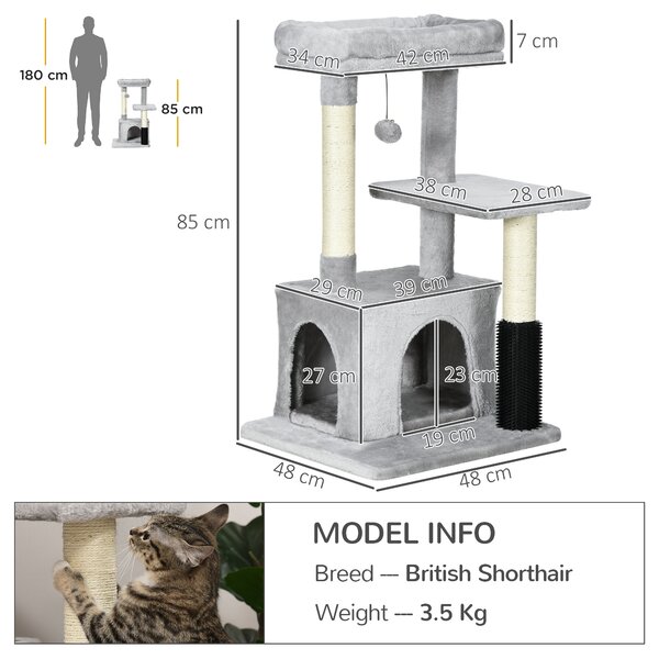 PawHut Cat Tree Tower with Sisal Scratching Posts, Kitten Climbing Activity Centre, Massage Toy Included, 48 x 48 x 80cm, Light Grey Aosom UK