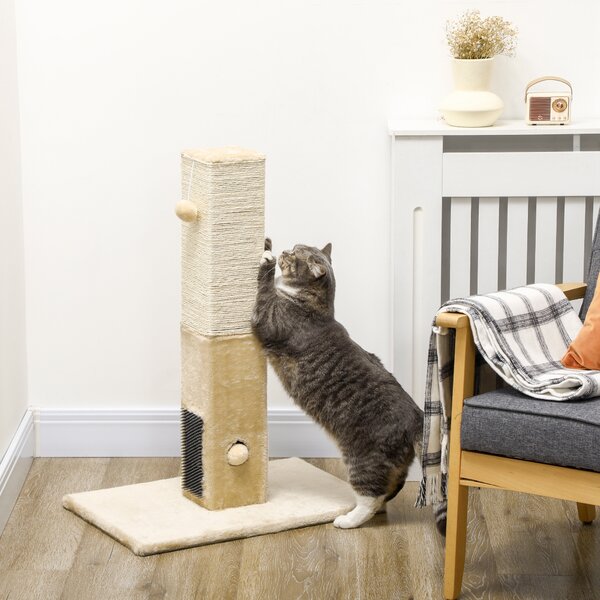 PawHut Interactive Cat Scratching Post, Jute Material with Carpet Base and Hanging Toy, Beige Aosom UK