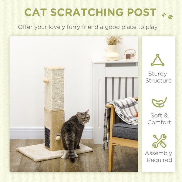 PawHut Interactive Cat Scratching Post, Jute Material with Carpet Base and Hanging Toy, Beige Aosom UK