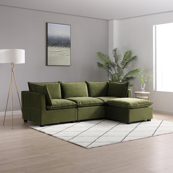 Moda 3 Seater Modular Sofa with Chaise, Olive Velvet