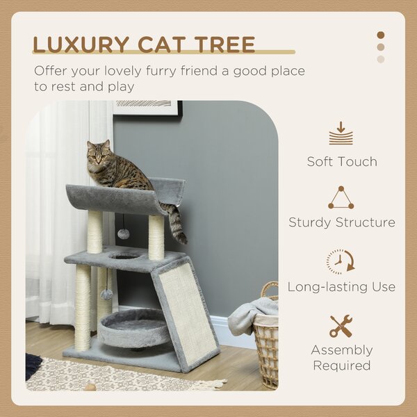 PawHut Cat Tree Tower: Scratching Posts, Cosy Bed & Perch, Interactive Ball Toy for Feline Fun, Light Grey Aosom UK